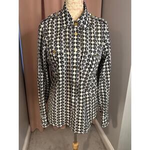 EUC Tory Burch Navy Blue & White Puffer Fish Popover Sz 14 Ornate Gold Buttons